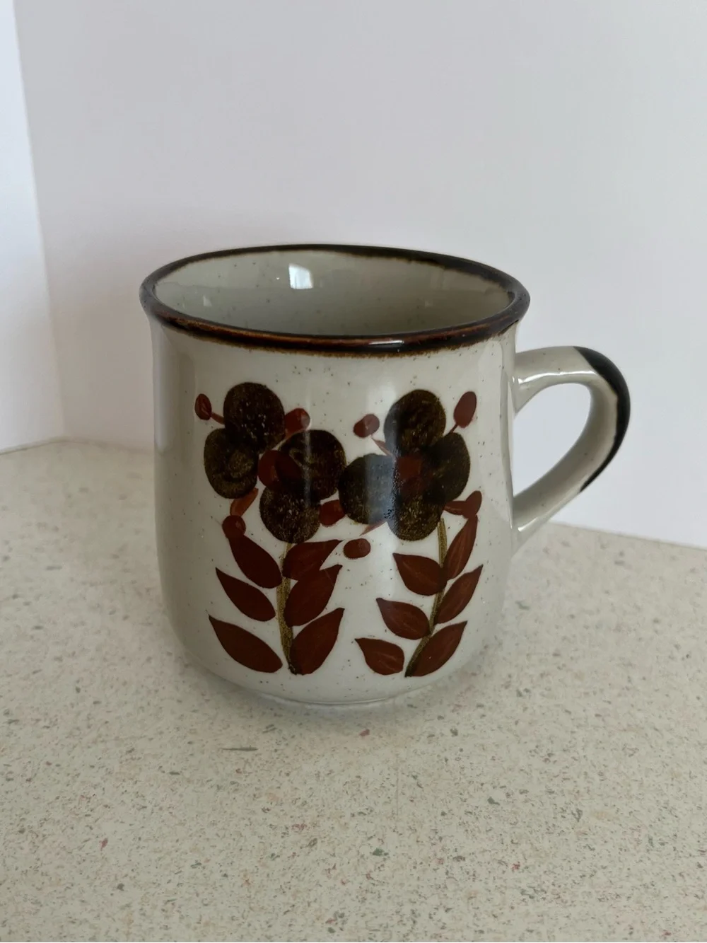 Vintage 1970’s Stoneware Hand Painted Cup Brown Floral Design Coffee Mug 12oz